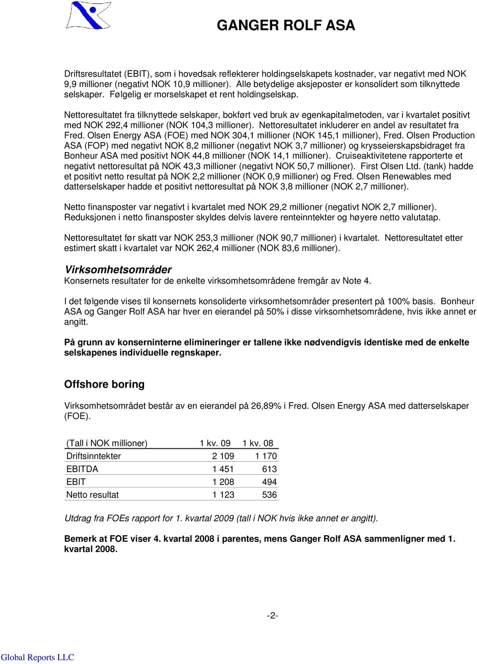 Nettoresultatet fra tilknyttede selskaper, bokført ved bruk av egenkapitalmetoden, var i kvartalet positivt med NOK 292,4 millioner (NOK 104,3 millioner).