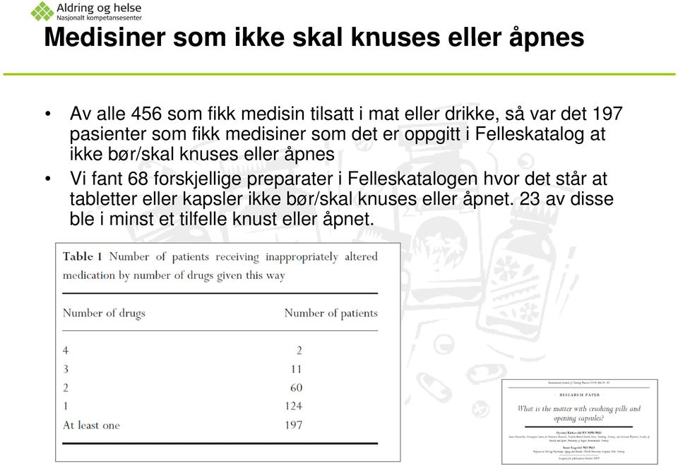 knuses eller åpnes Vi fant 68 forskjellige preparater i Felleskatalogen hvor det står at tabletter