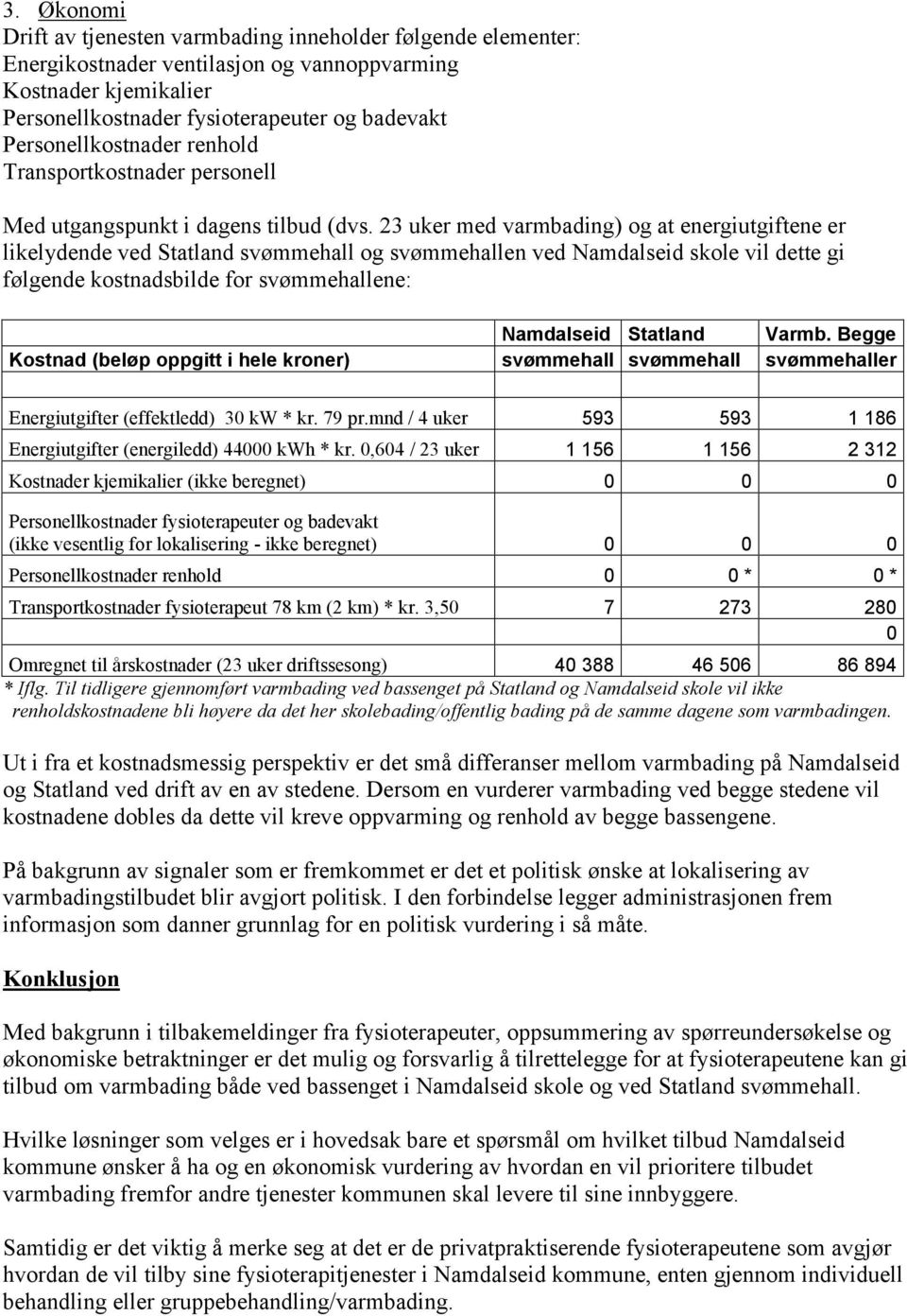 23 uker med varmbading) og at energiutgiftene er likelydende ved Statland svømmehall og svømmehallen ved Namdalseid skole vil dette gi følgende kostnadsbilde for svømmehallene: Namdalseid Statland