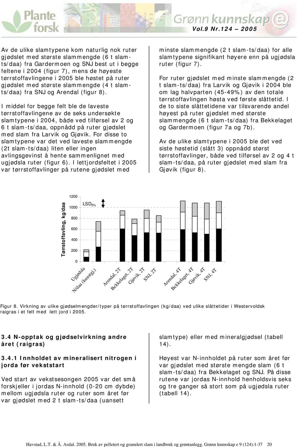 I middel for begge felt ble de laveste tørrstoffavlingene av de seks undersøkte slamtypene i 2004, både ved tilførsel av 2 og 6 t slam-ts/daa, oppnådd på ruter gjødslet med slam fra Larvik og Gjøvik.