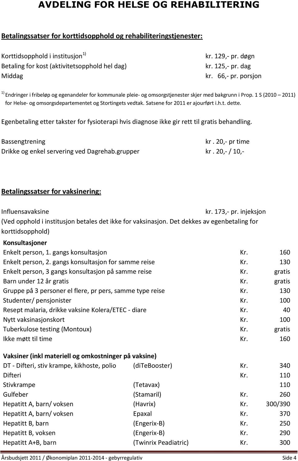 1 S (2010 2011) for Helse- og omsorgsdepartementet og Stortingets vedtak. Satsene for 2011 er ajourført i.h.t. dette.