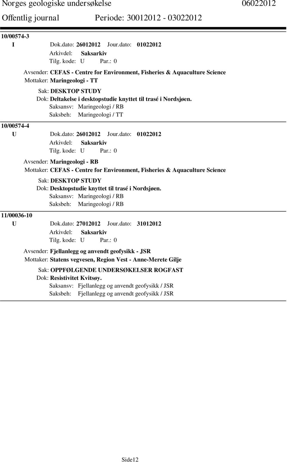 Saksansv: Maringeologi / RB Saksbeh: Maringeologi / TT 10/00574-4 U Dok.dato: 26012012 Jour.