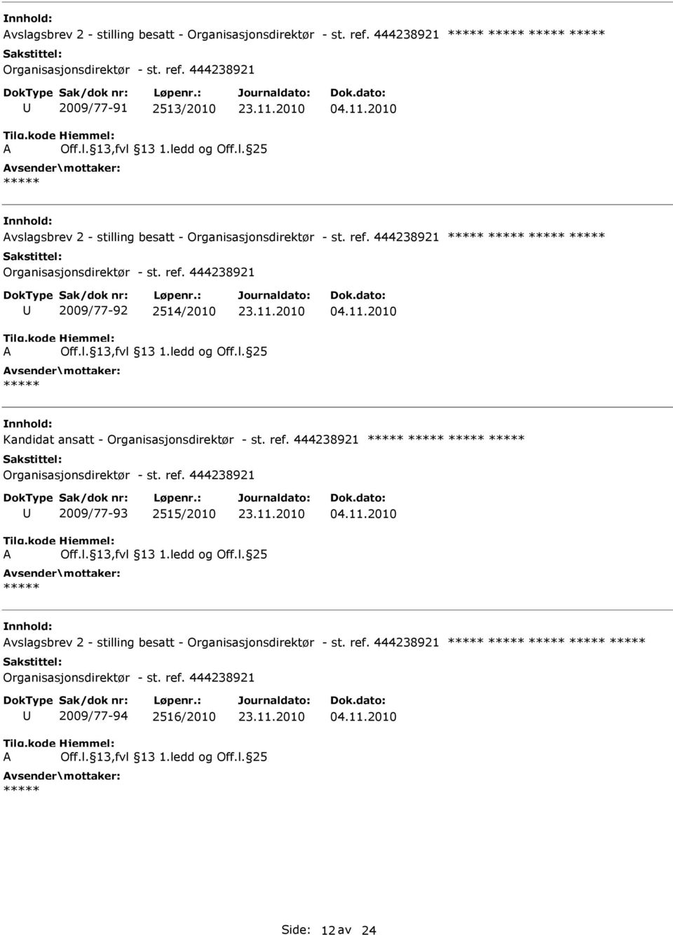 ref. 444238921 Organisasjonsdirektør - st. ref. 444238921 2009/77-93 2515/2010  444238921 Organisasjonsdirektør - st. ref. 444238921 2009/77-94 2516/2010 Side: 12 av 24