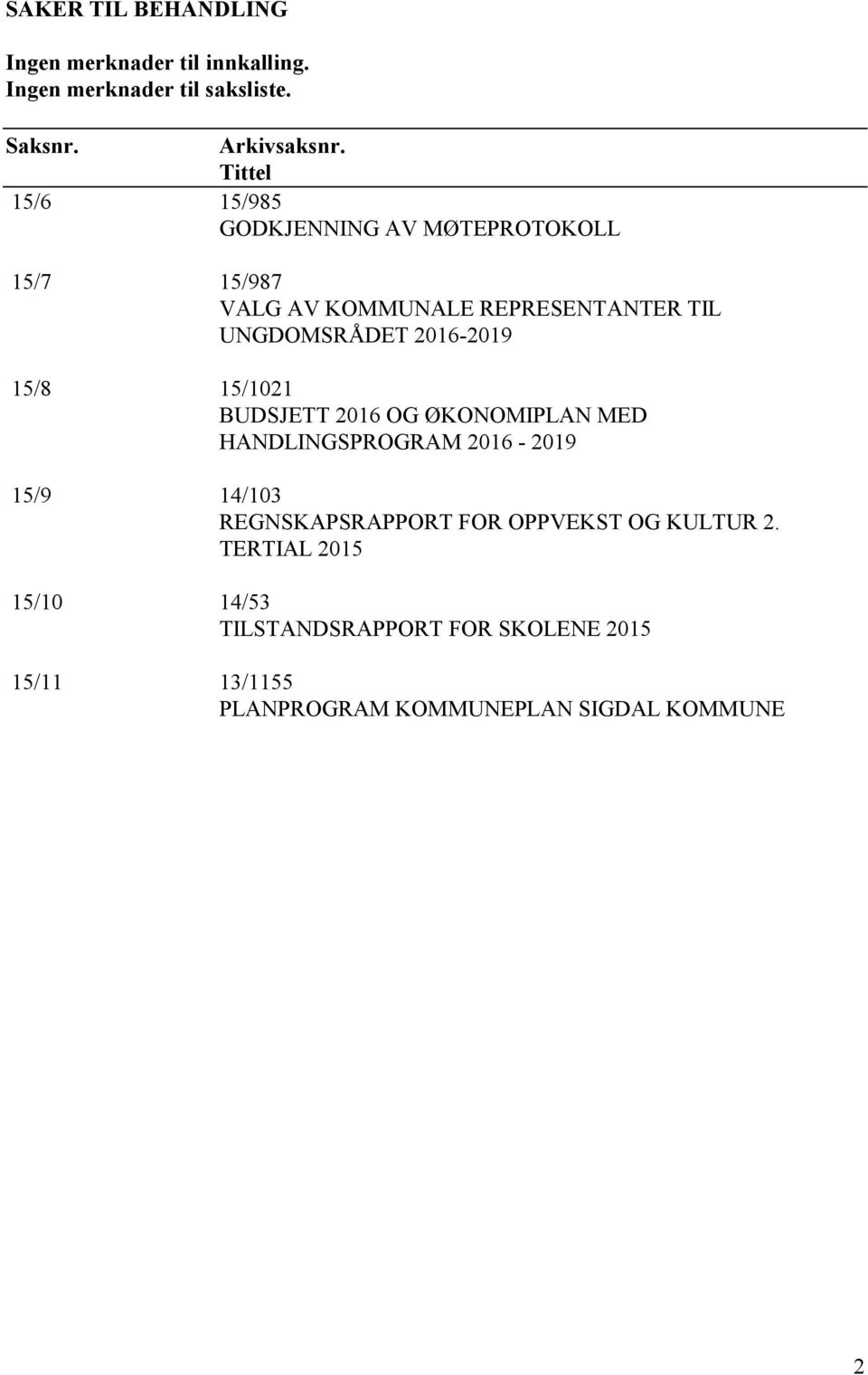 2016-2019 15/8 15/1021 BUDSJETT 2016 OG ØKONOMIPLAN MED HANDLINGSPROGRAM 2016-2019 15/9 14/103 REGNSKAPSRAPPORT FOR