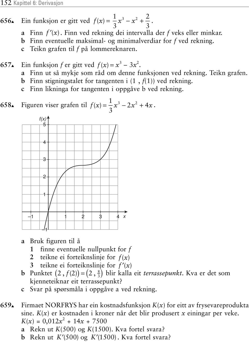 (, f()) ved rekning c Finn likninga for tangenten i oppgåve b ved rekning 3 658 Figuren viser grafen til f ( )= + 4 3 f() 5 4 3 3 4 a Bruk figuren til å finne eventuelle nullpunkt for f teikne ei