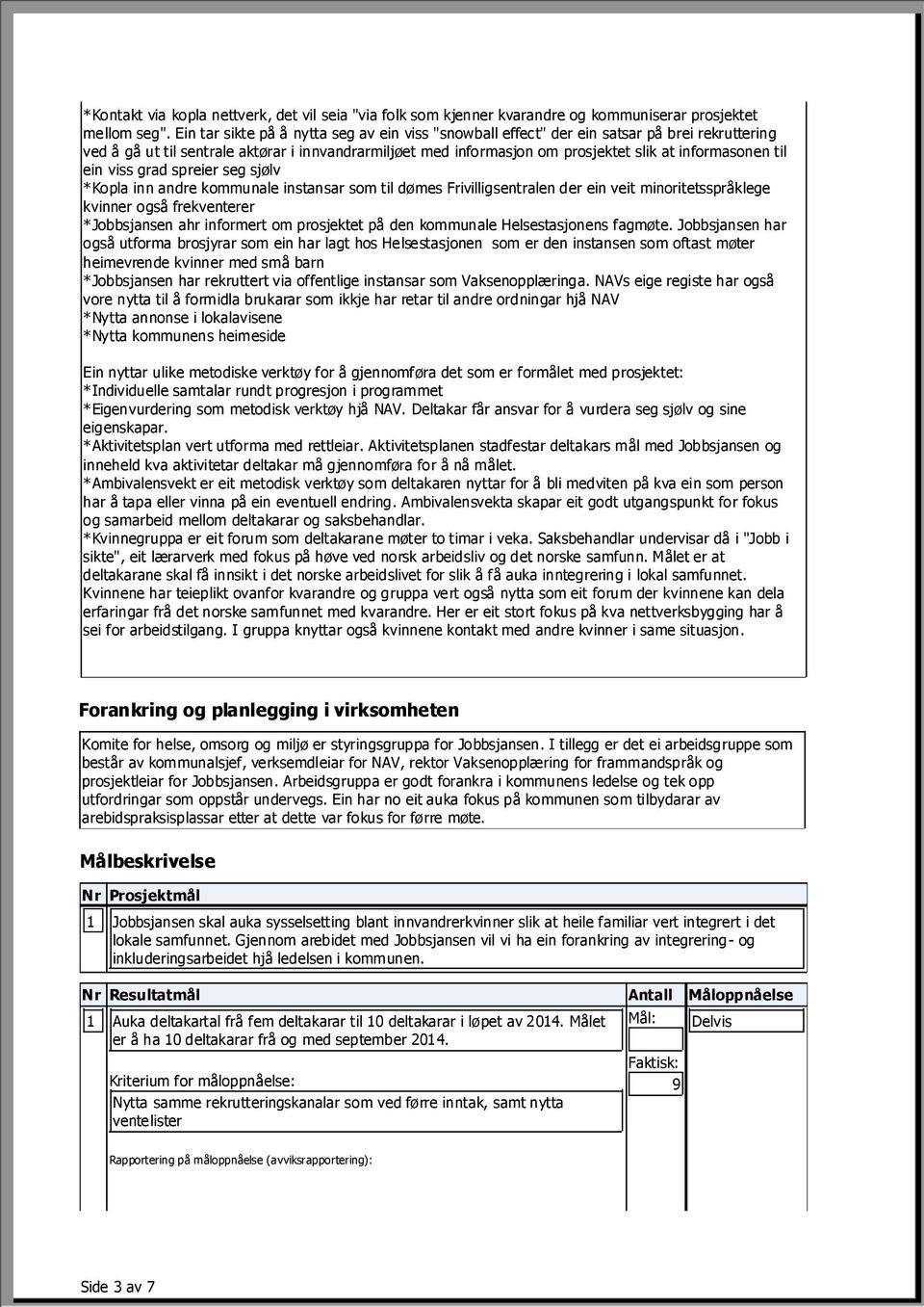 til ein viss grad spreier seg sjølv *Kopla inn andre kommunale instansar som til dømes Frivilligsentralen der ein veit minoritetsspråklege kvinner også frekventerer *Jobbsjansen ahr informert om