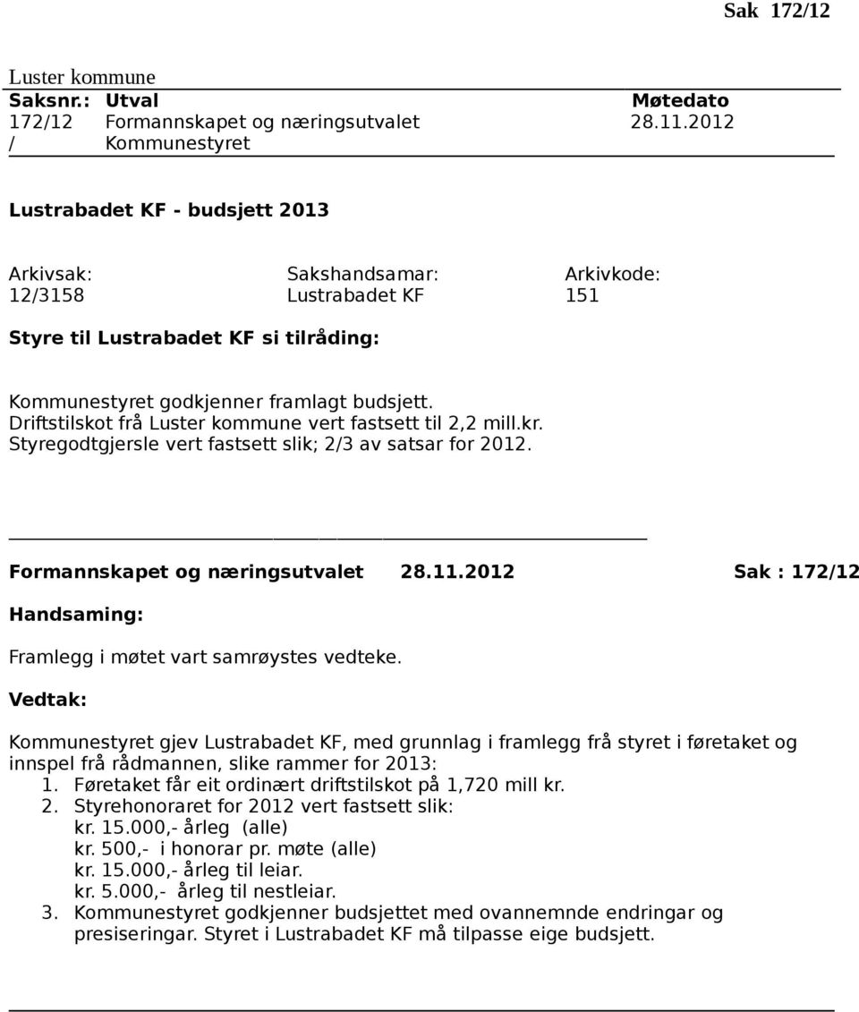 Driftstilskot frå Luster kommune vert fastsett til 2,2 mill.kr. Styregodtgjersle vert fastsett slik; 2/3 av satsar for 2012. Formannskapet og næringsutvalet 28.11.