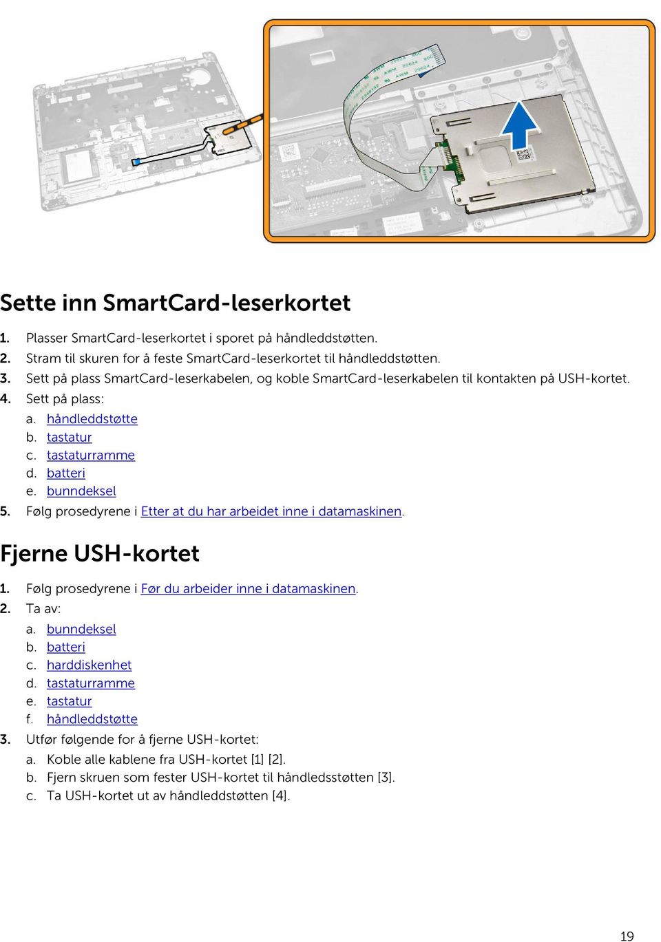 Følg prosedyrene i Etter at du har arbeidet inne i datamaskinen. Fjerne USH-kortet 1. Følg prosedyrene i Før du arbeider inne i datamaskinen. 2. Ta av: a. bunndeksel b. batteri c. harddiskenhet d.