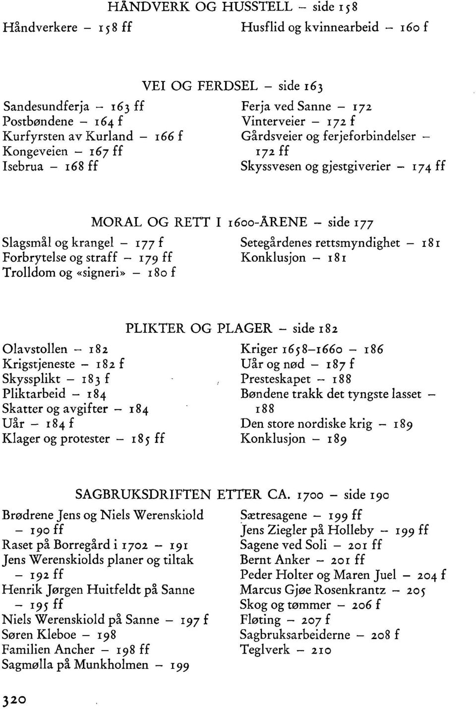 Setegårdenes rettsmyndighet 18 r Forbrytelse og straff 179 f f Konklusjon 18 r Trolldom og «signeri» - 180 f PLIKTER OG PLAGER - side 182 Olavstollen - 182 Kriger 1658-1660 - 186 Krigstjeneste - 182