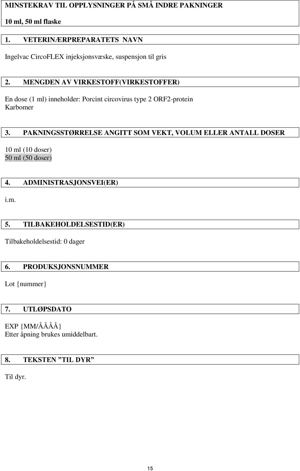 MENGDEN AV VIRKESTOFF(VIRKESTOFFER) En dose (1 ml) inneholder: Porcint circovirus type 2 ORF2-protein Karbomer 3.