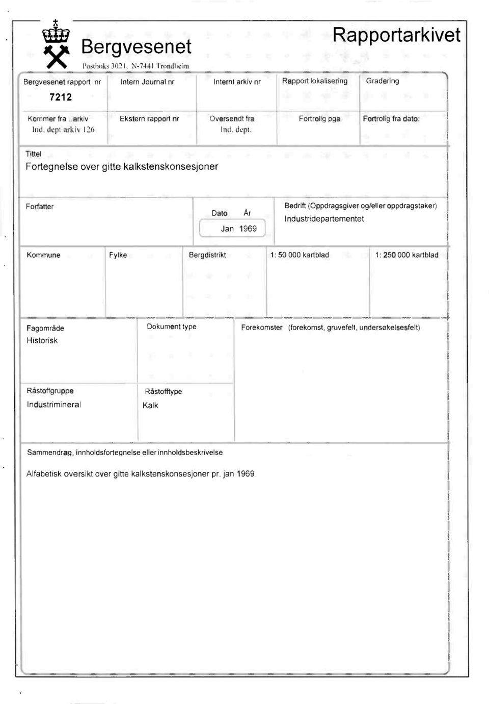 Tittel Fortegnelse over gitte kalkstenskonsesjoner Forfatter Dato Ar Jan 1969 Bedrift (Oppdragsgiverog/eller oppdragstaker) Industridepartementet Kommune Fylke Bergdistrikt 1: 50 000