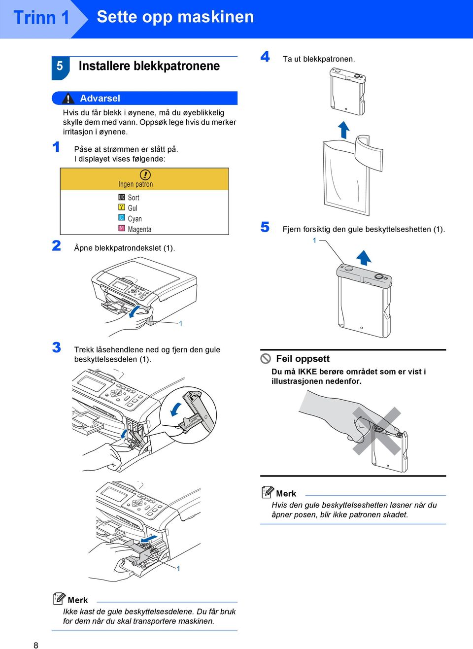 I displayet vises følgende: Ingen patron Sort Gul Cyan Magenta 5 Fjern forsiktig den gule beskyttelseshetten (1). 2 Åpne blekkpatrondekslet (1).