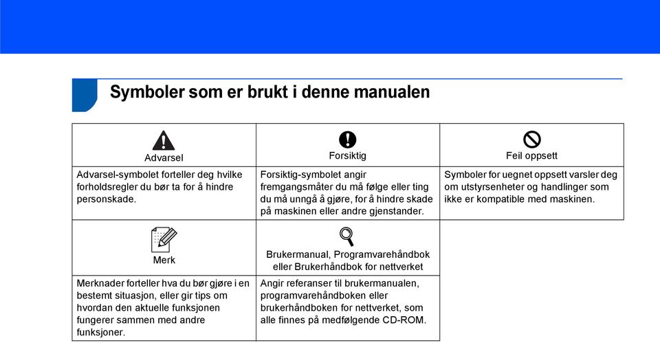 Symboler for uegnet oppsett varsler deg om utstyrsenheter og handlinger som ikke er kompatible med maskinen.