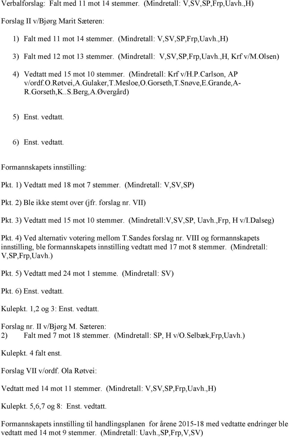 Øvergård) 5) Enst. vedtatt. 6) Enst. vedtatt. Formannskapets innstilling: Pkt. 1) Vedtatt med 18 mot 7 stemmer. (Mindretall: V,SV,SP) Pkt. 2) Ble ikke stemt over (jfr. forslag nr. VII) Pkt.