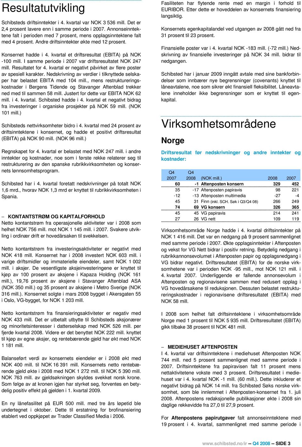 kvartal et driftsresultat (EBITA) på NOK -100 mill. I samme periode i 2007 var driftsresultatet NOK 247 mill. Resultatet for 4. kvartal er negativt påvirket av flere poster av spesiell karakter.