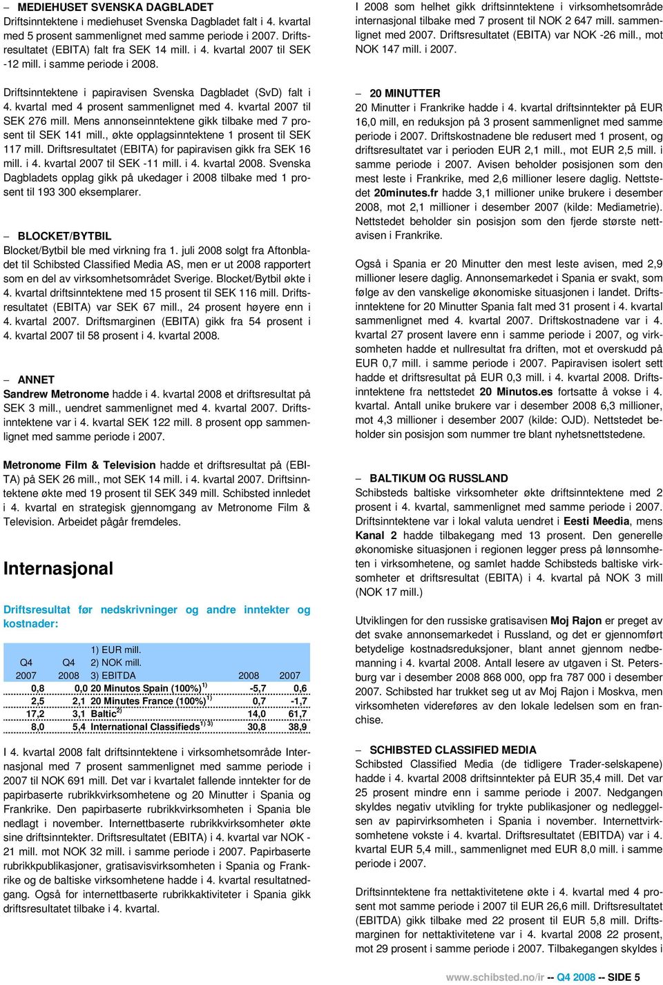 Mens annonseinntektene gikk tilbake med 7 prosent til SEK 141 mill., økte opplagsinntektene 1 prosent til SEK 117 mill. Driftsresultatet (EBITA) for papiravisen gikk fra SEK 16 mill. i 4.