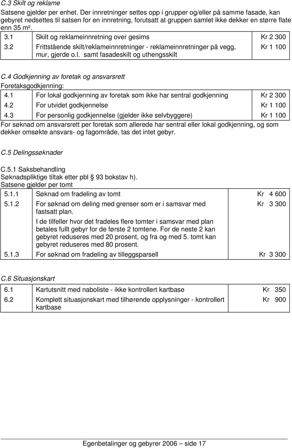 m². 3.1 Skilt og reklameinnretning over gesims Kr 2 300 3.2 Frittstående skilt/reklameinnretninger - reklameinnretninger på vegg, mur, gjerde o.l. samt fasadeskilt og uthengsskilt Kr 1 100 C.