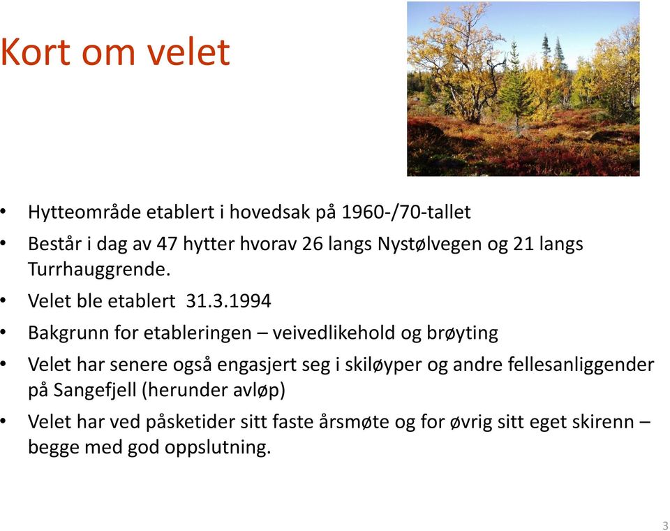 .3.1994 Bakgrunn for etableringen veivedlikehold og brøyting Velet har senere også engasjert seg i skiløyper