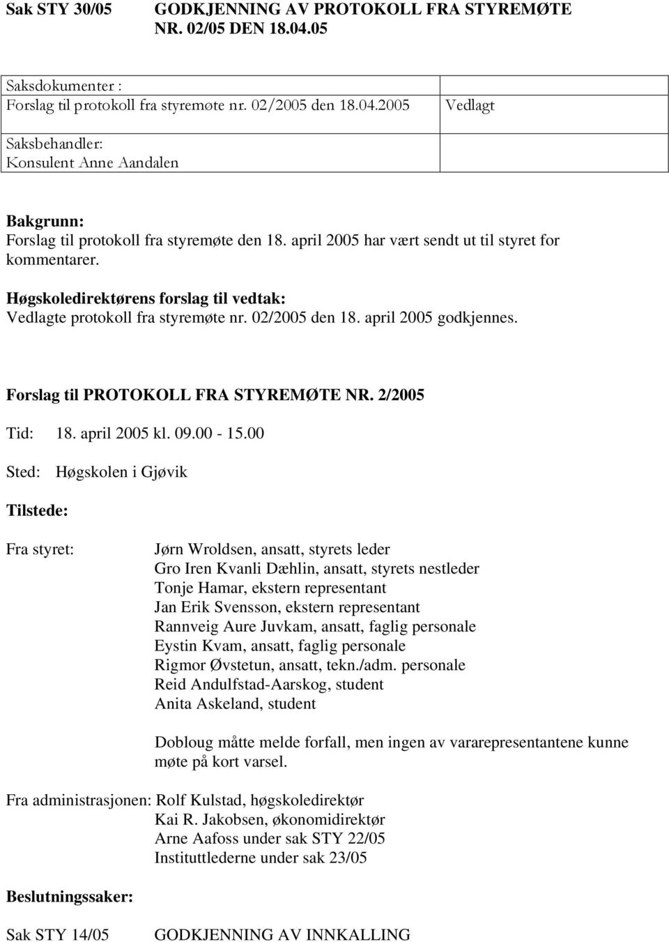 Forslag til PROTOKOLL FRA STYREMØTE NR. 2/2005 Tid: 18. april 2005 kl. 09.00-15.