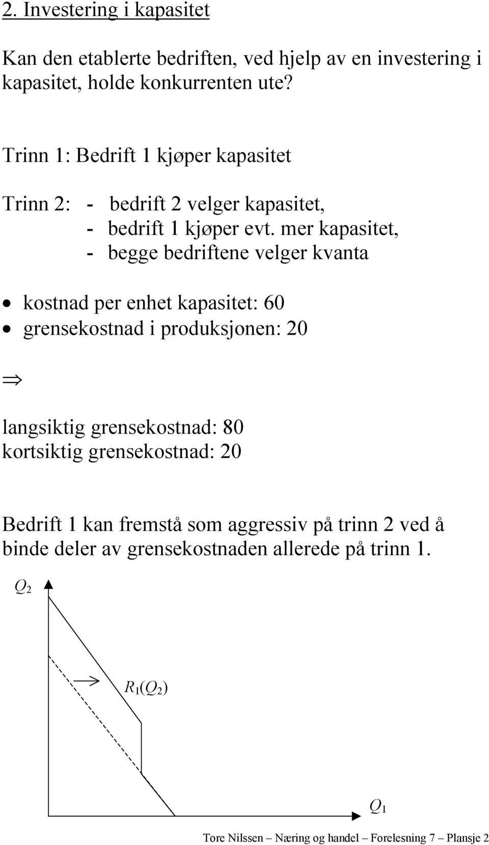 mer kapasitet, - begge bedriftene velger kvanta kostnad per enhet kapasitet: 60 grensekostnad i produksjonen: 20 langsiktig grensekostnad: 80