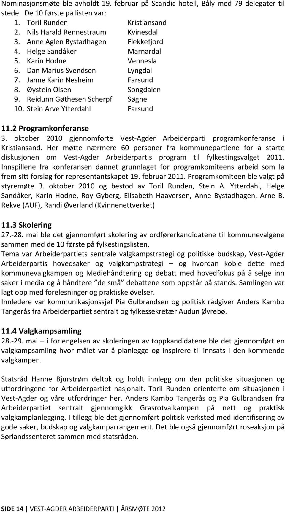 Reidunn Gøthesen Scherpf Søgne 10. Stein Arve Ytterdahl Farsund 11.2 Programkonferanse 3. oktober 2010 gjennomførte Vest-Agder Arbeiderparti programkonferanse i Kristiansand.