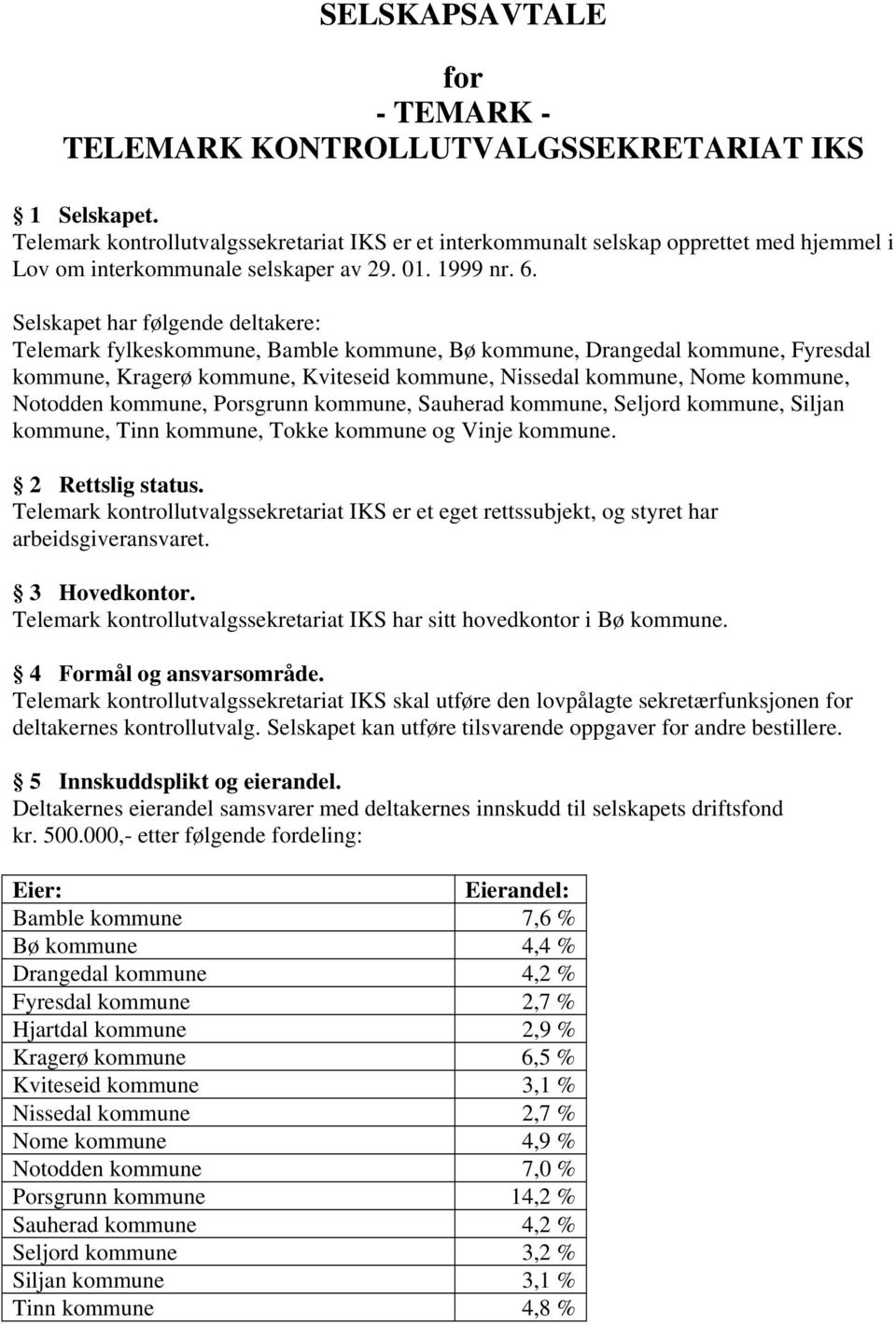 Selskapet har følgende deltakere: Telemark fylkeskommune, Bamble kommune, Bø kommune, Drangedal kommune, Fyresdal kommune, Kragerø kommune, Kviteseid kommune, Nissedal kommune, Nome kommune, Notodden