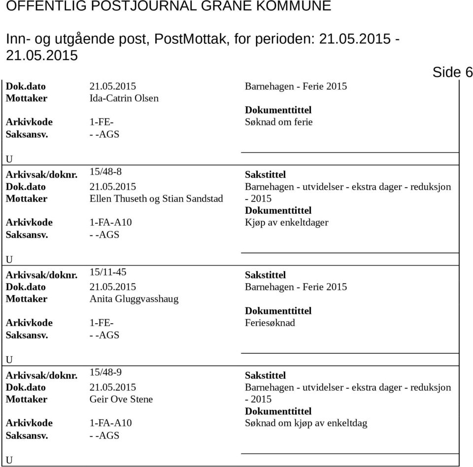 dato Barnehagen - utvidelser - ekstra dager - reduksjon Mottaker Ellen Thuseth og Stian Sandstad - 2015 Arkivkode 1-FA-A10 Kjøp av