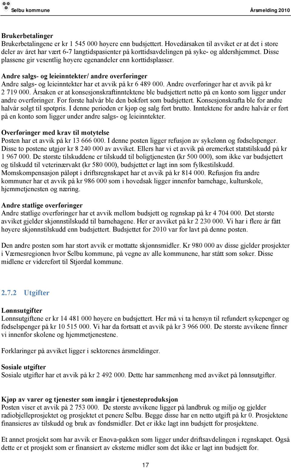 Disse plassene gir vesentlig høyere egenandeler enn korttidsplasser. Andre salgs- og leieinntekter/ andre overføringer Andre salgs- og leieinntekter har et avvik på kr 6 489 000.