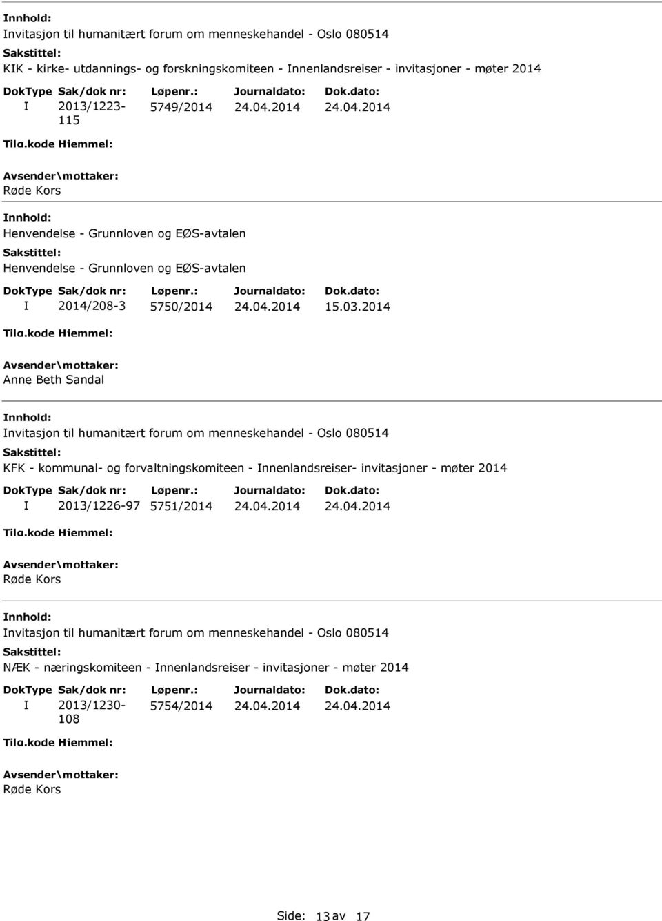 2014 Anne Beth Sandal nvitasjon til humanitært forum om menneskehandel - Oslo 080514 KFK - kommunal- og forvaltningskomiteen - nnenlandsreiser- invitasjoner - møter 2014