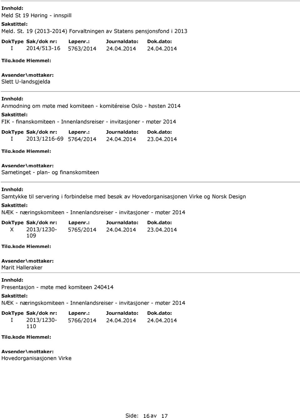 19 (2013-2014) Forvaltningen av Statens pensjonsfond i 2013 2014/513-16 5763/2014 Slett -landsgjelda Anmodning om møte med komiteen - komitéreise Oslo - høsten 2014 FK -