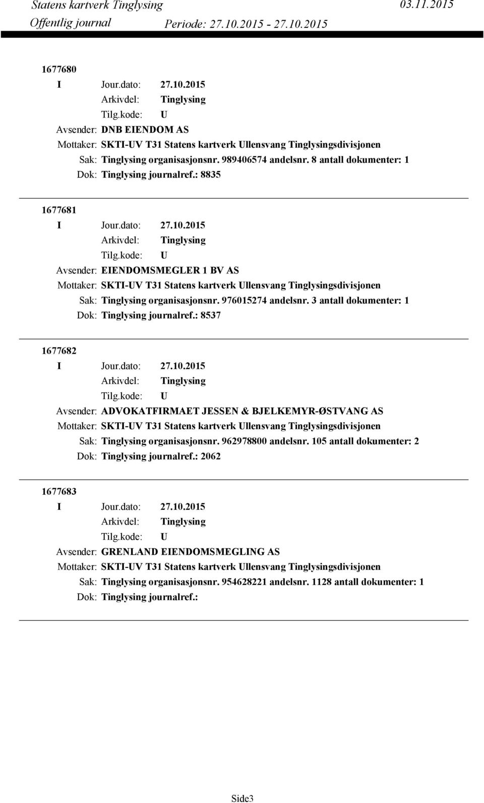 : 8537 1677682 Avsender: ADVOKATFIRMAET JESSEN & BJELKEMYR-ØSTVANG AS Mottaker: SKTI-V T31 Statens kartverk llensvang sdivisjonen organisasjonsnr. 962978800 andelsnr.