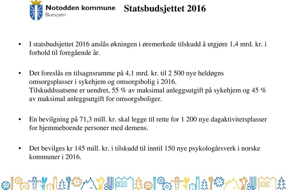 Tilskuddssatsene er uendret, 55 % av maksimal anleggsutgift på sykehjem og 45 % av maksimal anleggsutgift for omsorgsboliger.