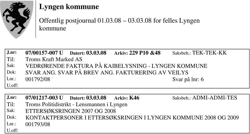 SVAR PÅ BREV ANG. FAKTURERING AV VEILYS Lnr.: 001792/08 Svar på lnr: 6 J.nr: 07/01217-003 U Datert: 03.03.08 Arkiv: K46 Saksbeh.