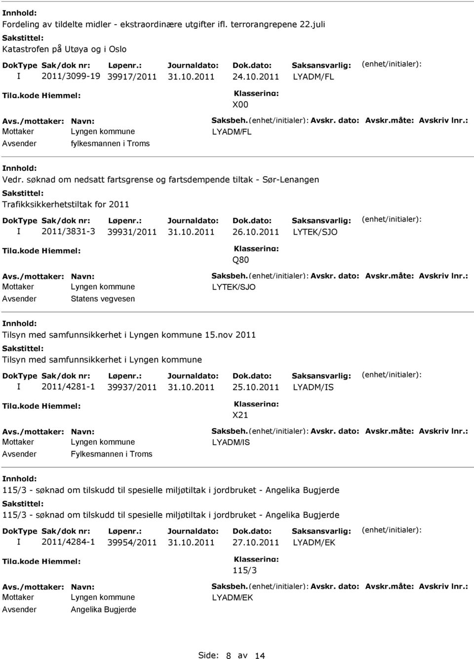 /mottaker: Navn: Saksbeh. Avskr. dato: Avskr.måte: Avskriv lnr.: LYTEK/SJO Statens vegvesen Tilsyn med samfunnsikkerhet i 15.