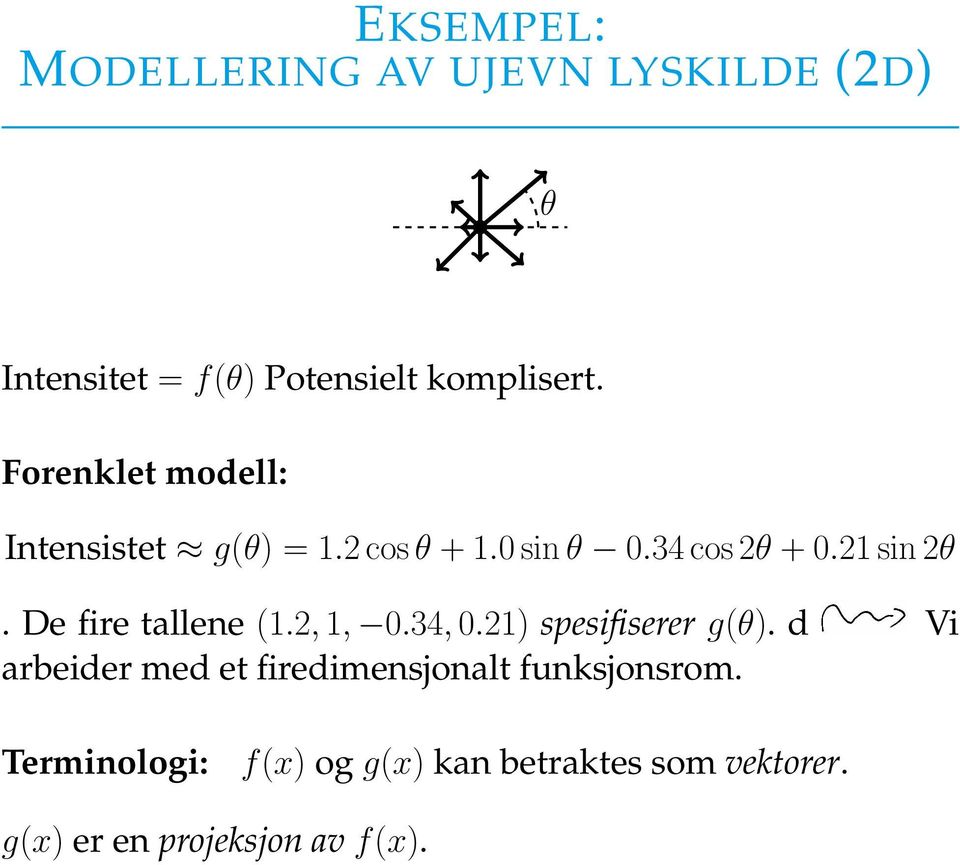 De fire tallene (1.2, 1, 0.34, 0.21) spesifiserer g(θ).