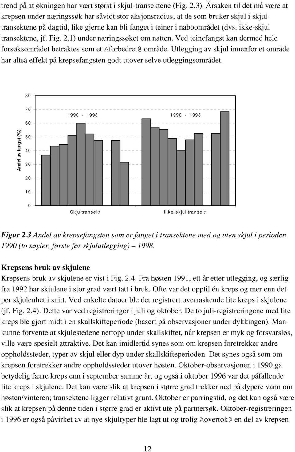 ikke-skjul transektene, jf. Fig. 2.1) under næringssøket om natten. Ved teinefangst kan dermed hele forsøksområdet betraktes som et Aforbedret@ område.