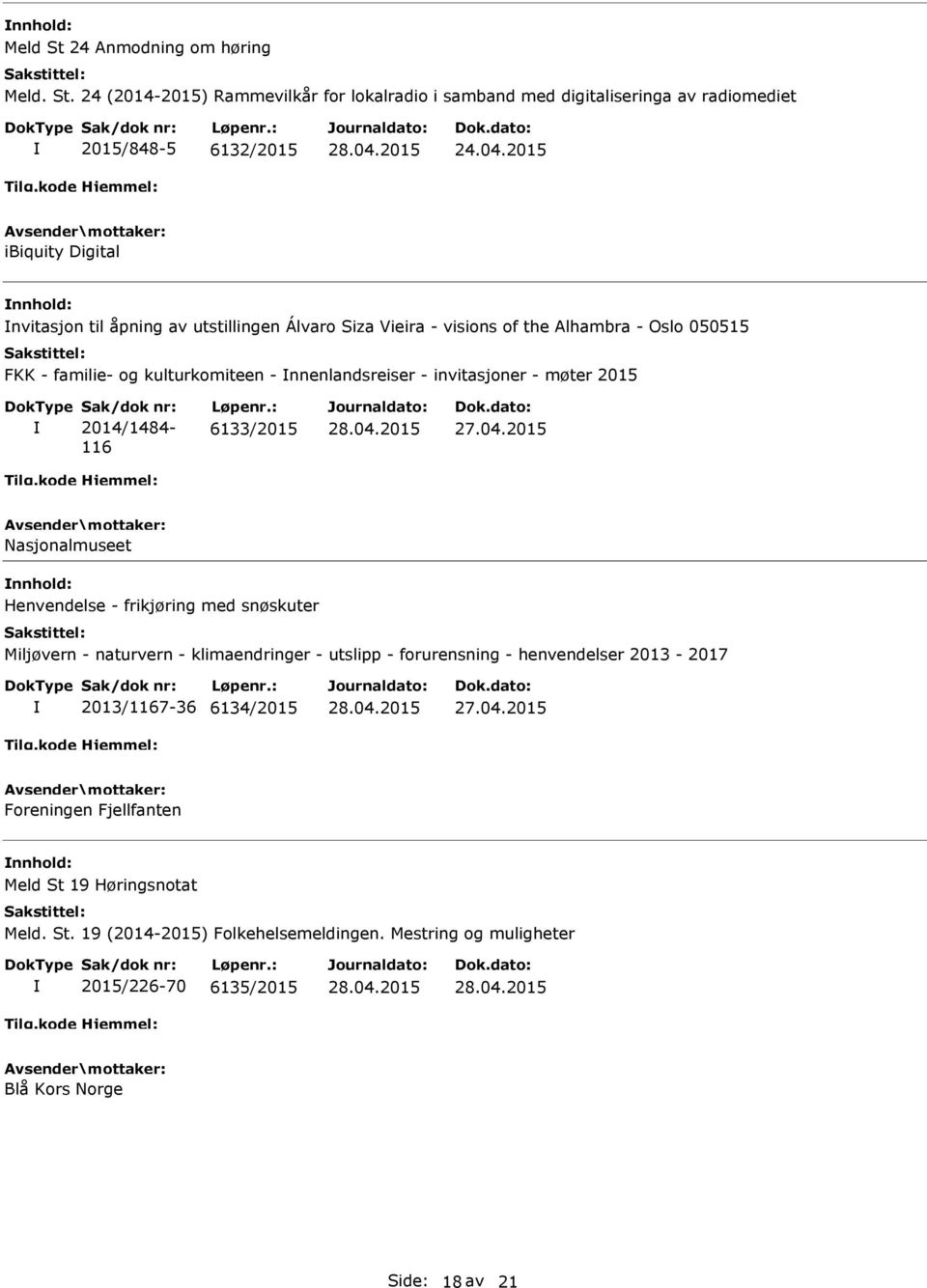 nnenlandsreiser - invitasjoner - møter 2015 Sak/dok nr: 2014/1484-116 Løpenr.