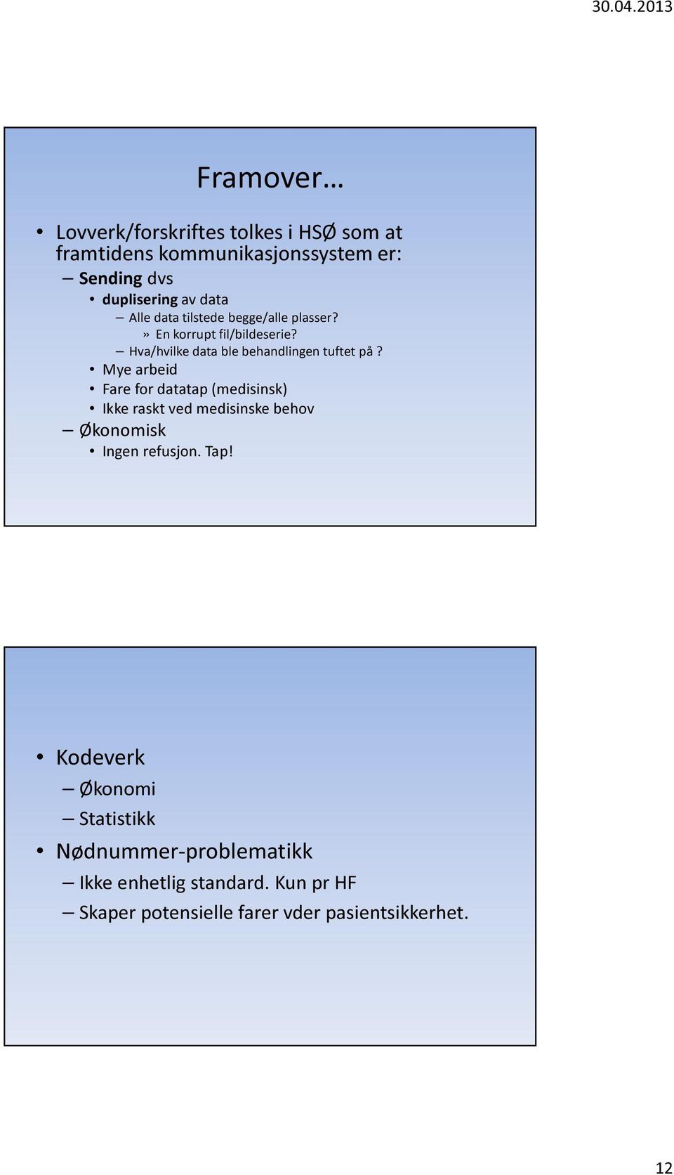 Mye arbeid Fare for datatap (medisinsk) Ikke raskt ved medisinske behov Økonomisk Ingen refusjon. Tap!