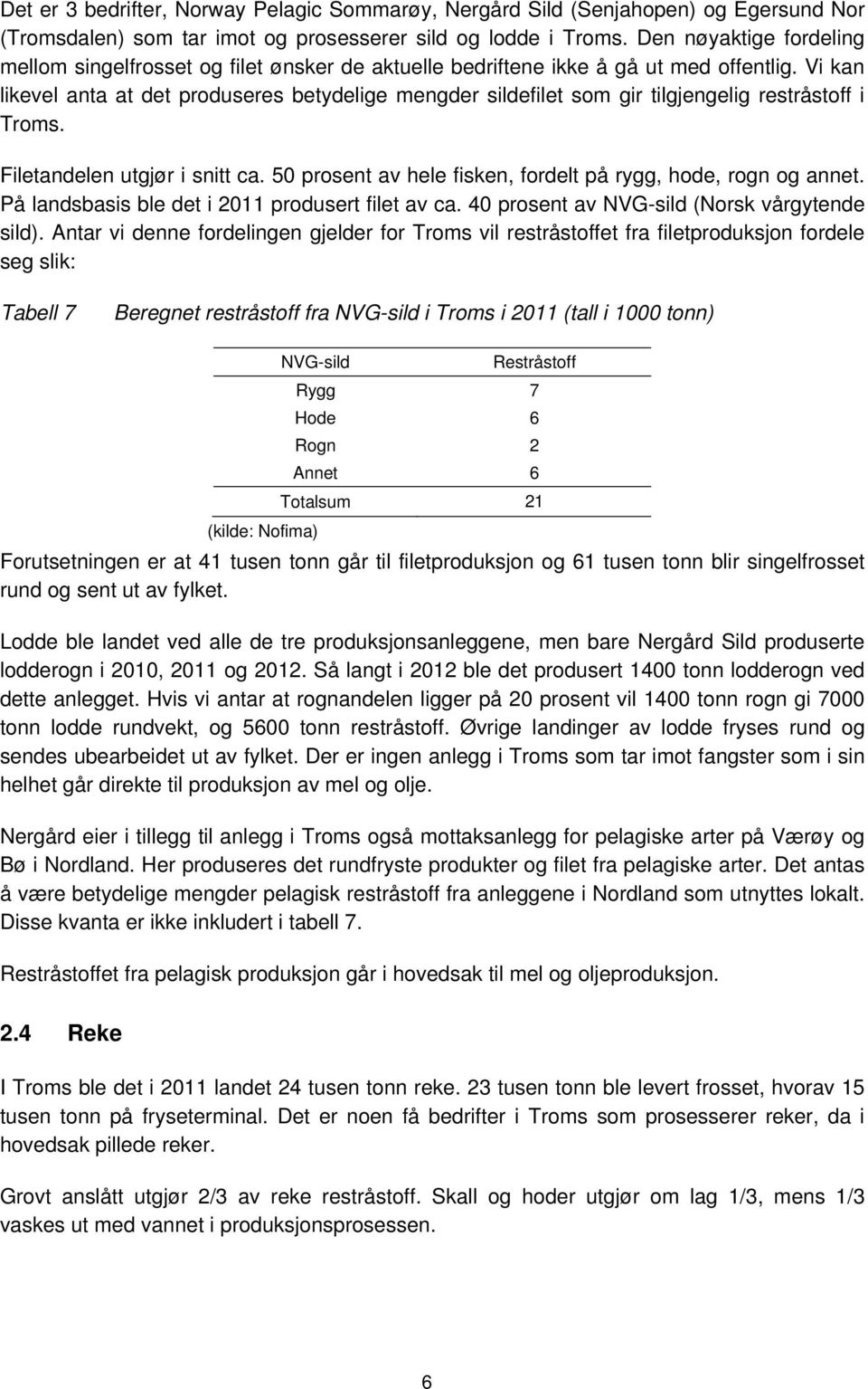 Vi kan likevel anta at det produseres betydelige mengder sildefilet som gir tilgjengelig restråstoff i Troms. Filetandelen utgjør i snitt ca.