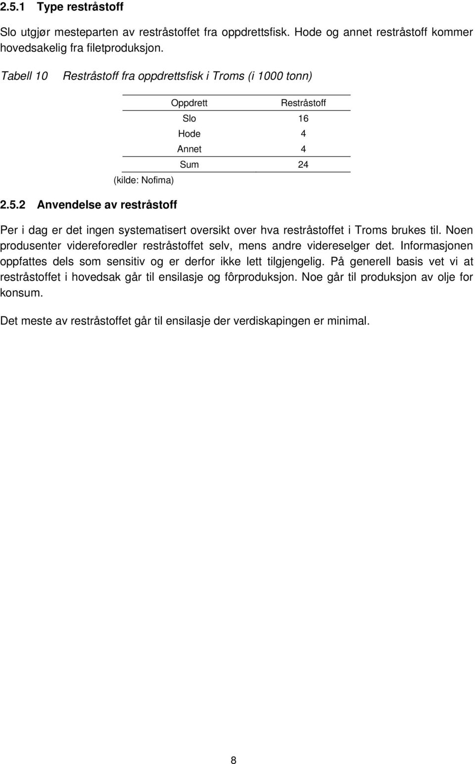 2 Anvendelse av restråstoff Oppdrett Restråstoff Slo 16 Hode 4 Annet 4 Sum 24 (kilde: Nofima) Per i dag er det ingen systematisert oversikt over hva restråstoffet i Troms brukes til.