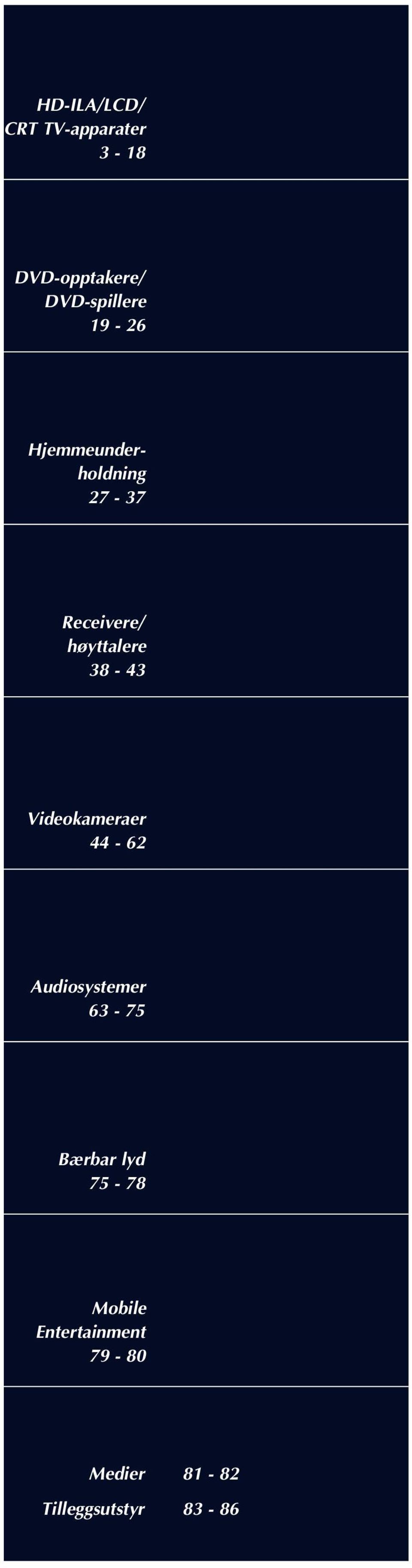 høyttalere 38-43 Videokameraer 44-62 Audiosystemer 63-75