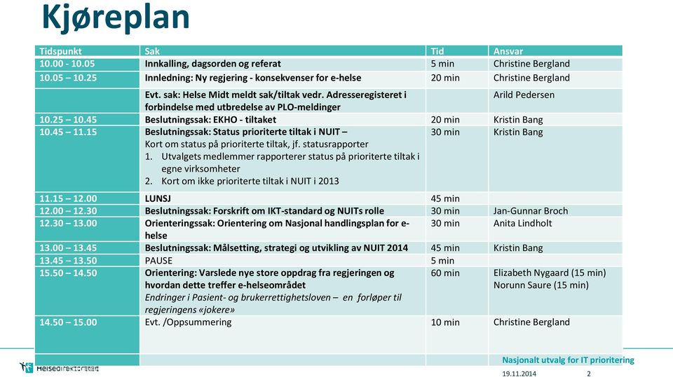 15 Beslutningssak: Status prioriterte tiltak i NUIT Kort om status på prioriterte tiltak, jf. statusrapporter 30 min Kristin Bang 1.