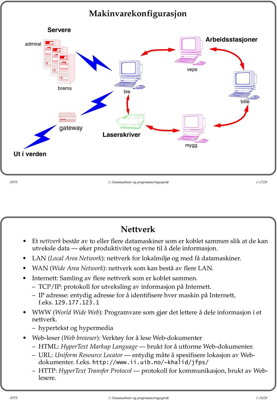 LAN (Local Area Network): nettverk for lokalmiljø og med få datamaskiner. WAN (Wide Area Network): nettverk som kan bestå av flere LAN. Internett: Samling av flere nettverk som er koblet sammen.