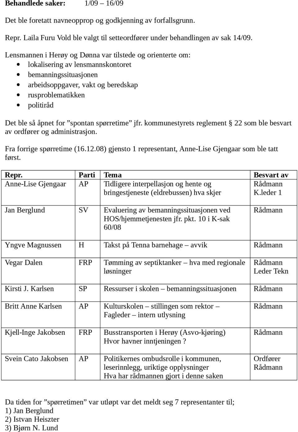 spontan spørretime jfr. kommunestyrets reglement 22 som ble besvart av ordfører og administrasjon. Fra forrige spørretime (16.12.08) gjensto 1 representant, Anne-Lise Gjengaar som ble tatt først.