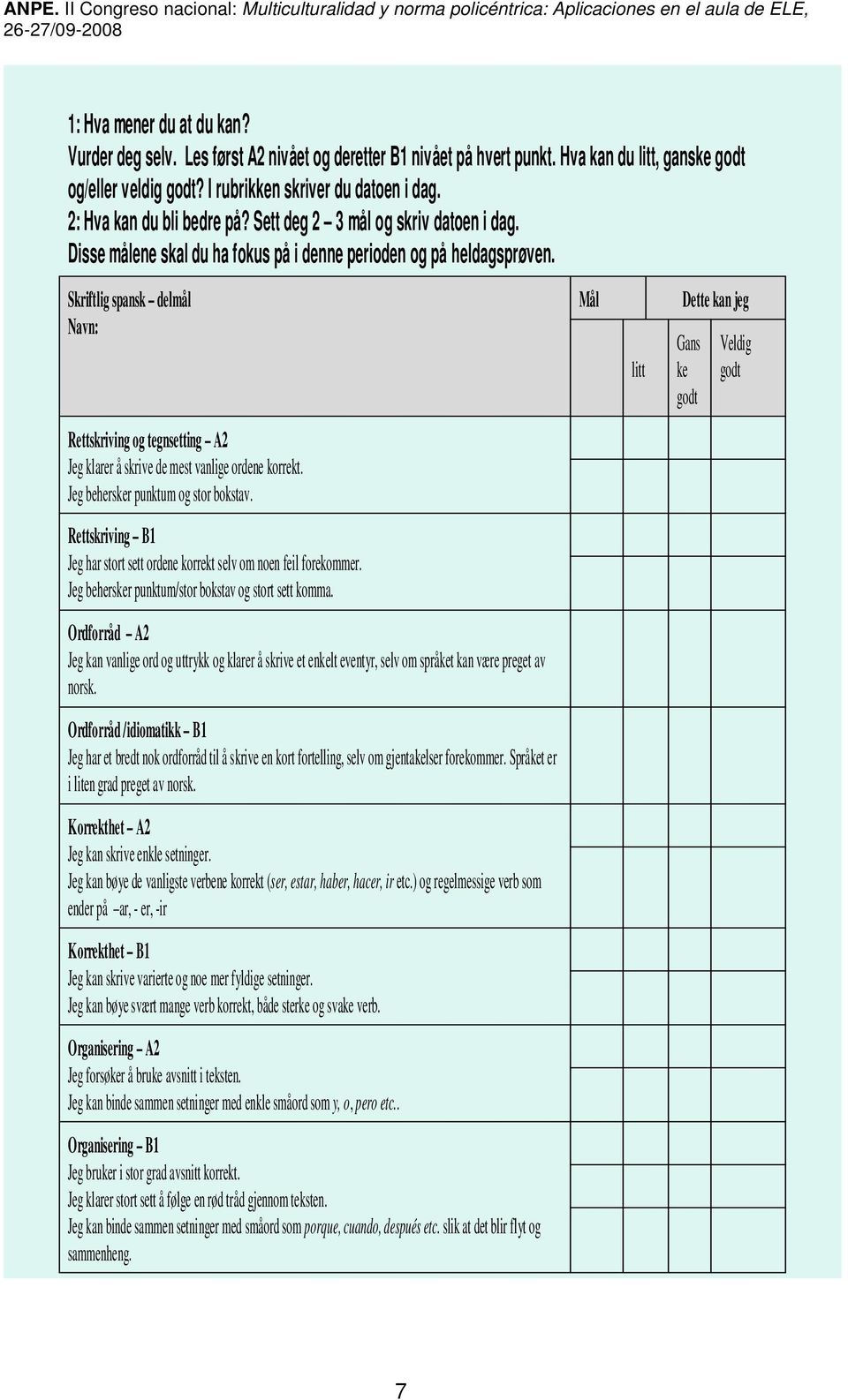 Skriftlig spansk delmål Navn: Mål litt Dette kan jeg Gans ke godt Veldig godt Rettskriving og tegnsetting A2 Jeg klarer å skrive de mest vanlige ordene korrekt. Jeg behersker punktum og stor bokstav.