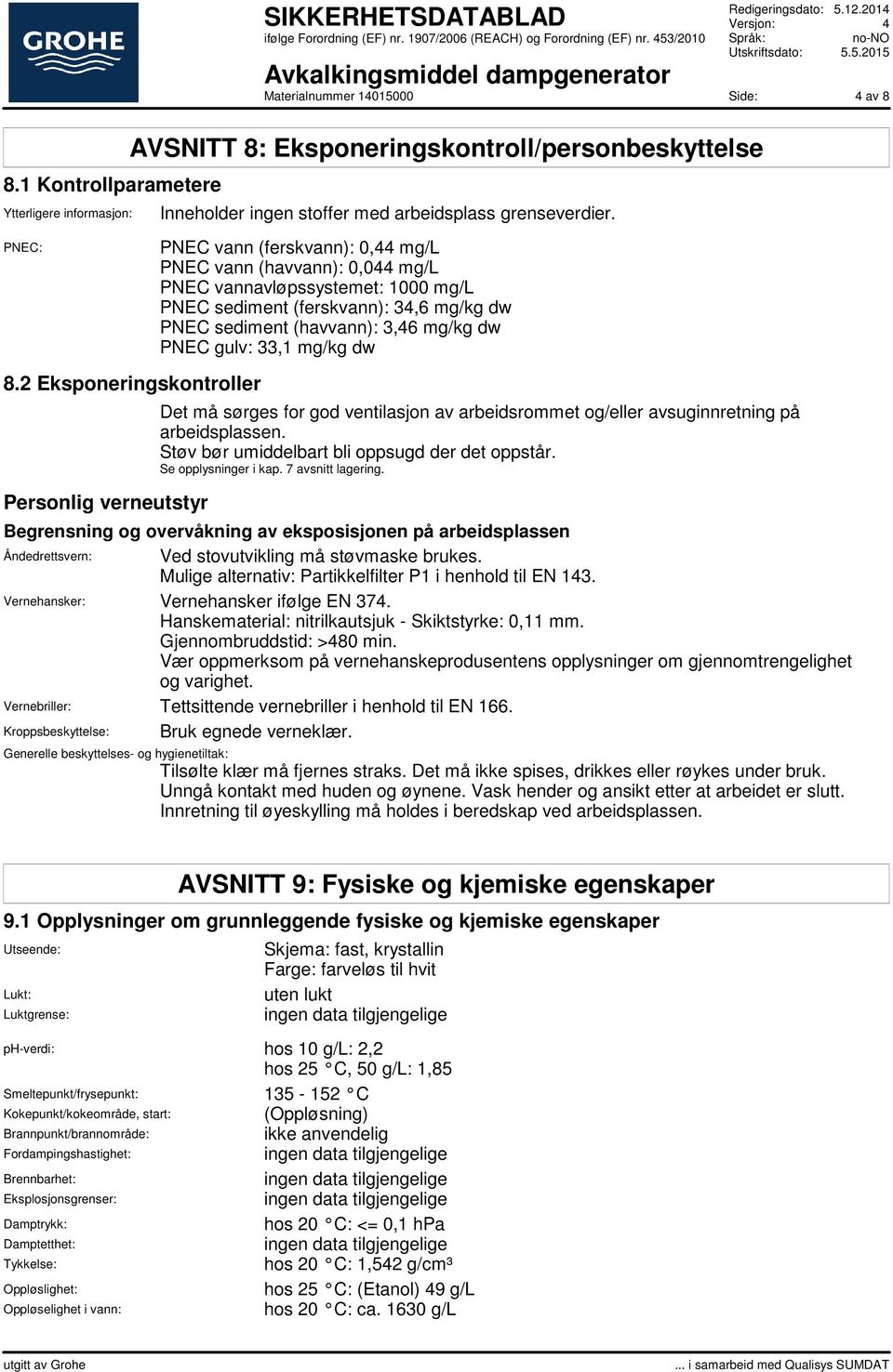 PNEC vann (ferskvann): 0,44 mg/l PNEC vann (havvann): 0,044 mg/l PNEC vannavløpssystemet: 1000 mg/l PNEC sediment (ferskvann): 34,6 mg/kg dw PNEC sediment (havvann): 3,46 mg/kg dw PNEC gulv: 33,1