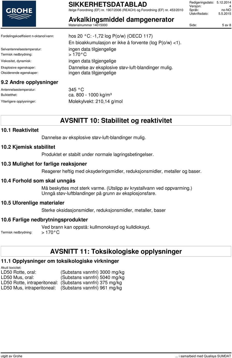 2 Andre opplysninger Antennelsestemperatur: 345 C Bulktetthet: ca. 800-1000 kg/m³ Ytterligere opplysninger: Molekylvekt: 210,14 g/mol 10.1 Reaktivitet 10.