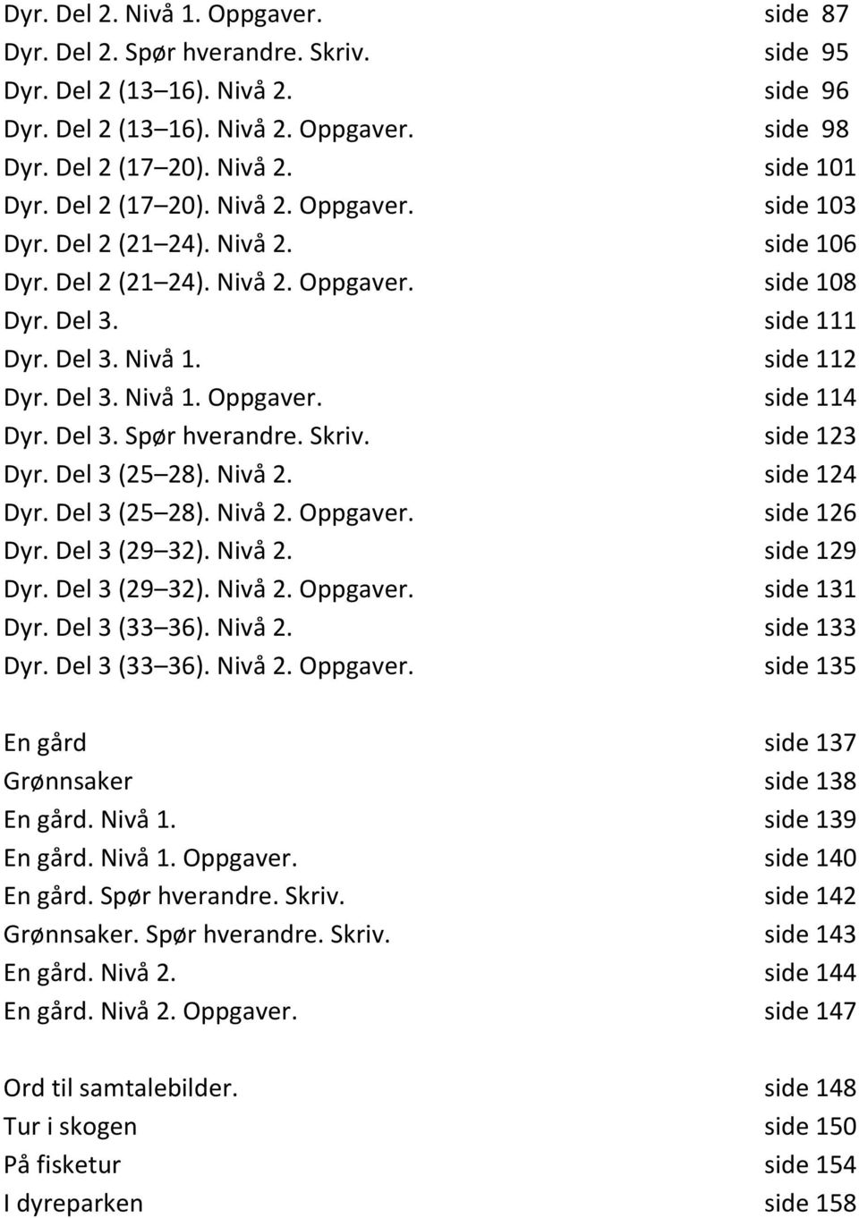 Del 3. Spør hverandre. Skriv. side 123 Dyr. Del 3 (25 28). Nivå 2. side 124 Dyr. Del 3 (25 28). Nivå 2. Oppgaver. side 126 Dyr. Del 3 (29 32). Nivå 2. side 129 Dyr. Del 3 (29 32). Nivå 2. Oppgaver. side 131 Dyr.