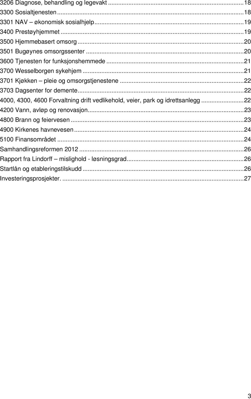 .. 22 3703 Dagsenter for demente... 22 4000, 4300, 4600 Forvaltning drift vedlikehold, veier, park og idrettsanlegg... 22 4200 Vann, avløp og renovasjon.