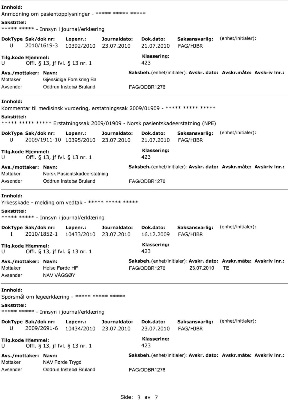 Mottaker Norsk Pasientskadeerstatning Oddrun nstebø Bruland Yrkesskade - melding om vedtak - - nnsyn i journal/erklæring 2010/1852-1 10433/2010 16.12.